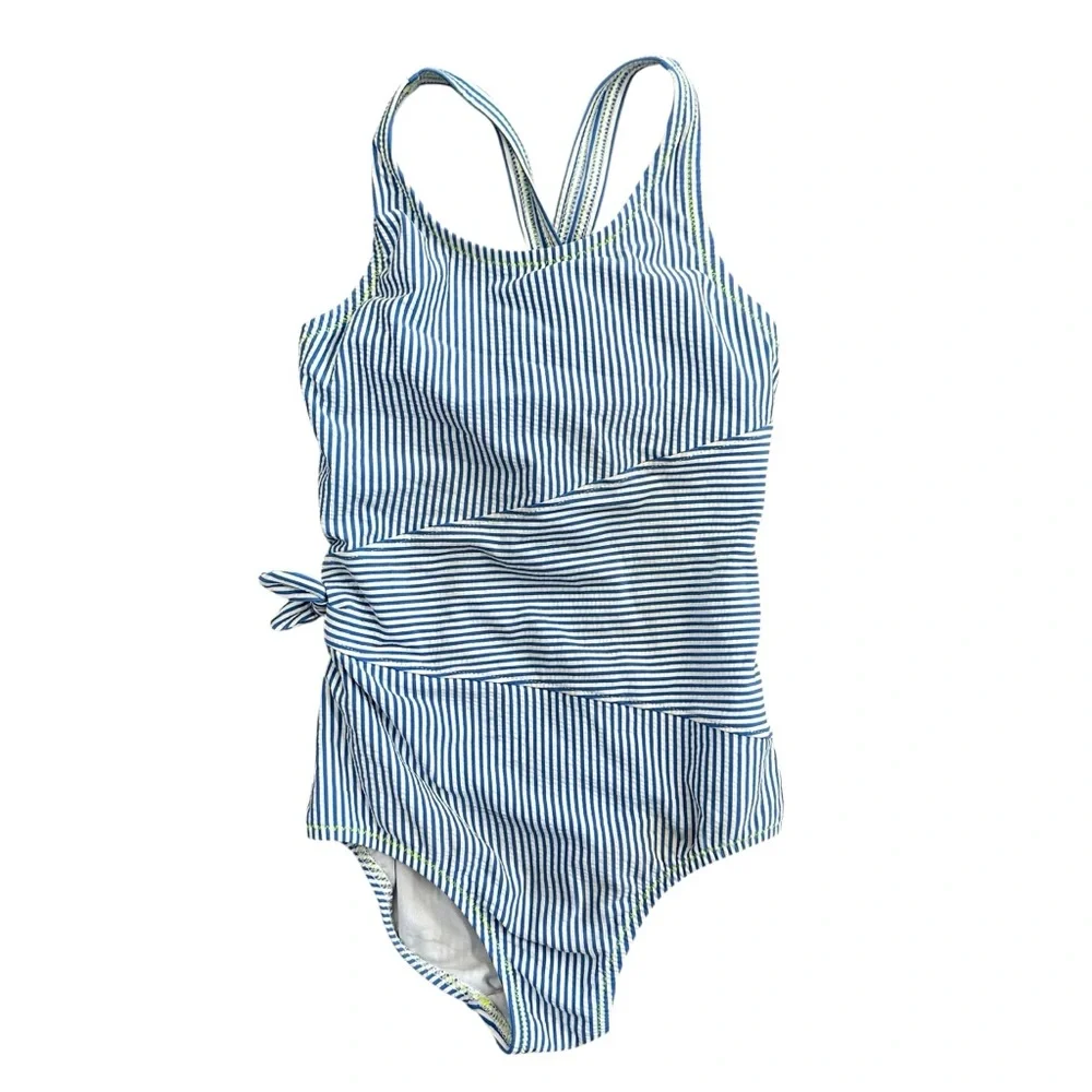 Lands’ End One Piece Swimsuit Blue White Stripe Bow Size 7